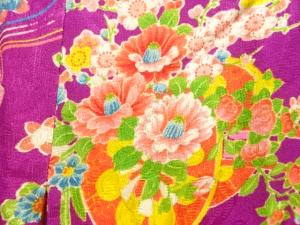 アンティーク着物 ] - 縮緬・錦紗 アンティーク 紋錦紗檜扇に花車模様